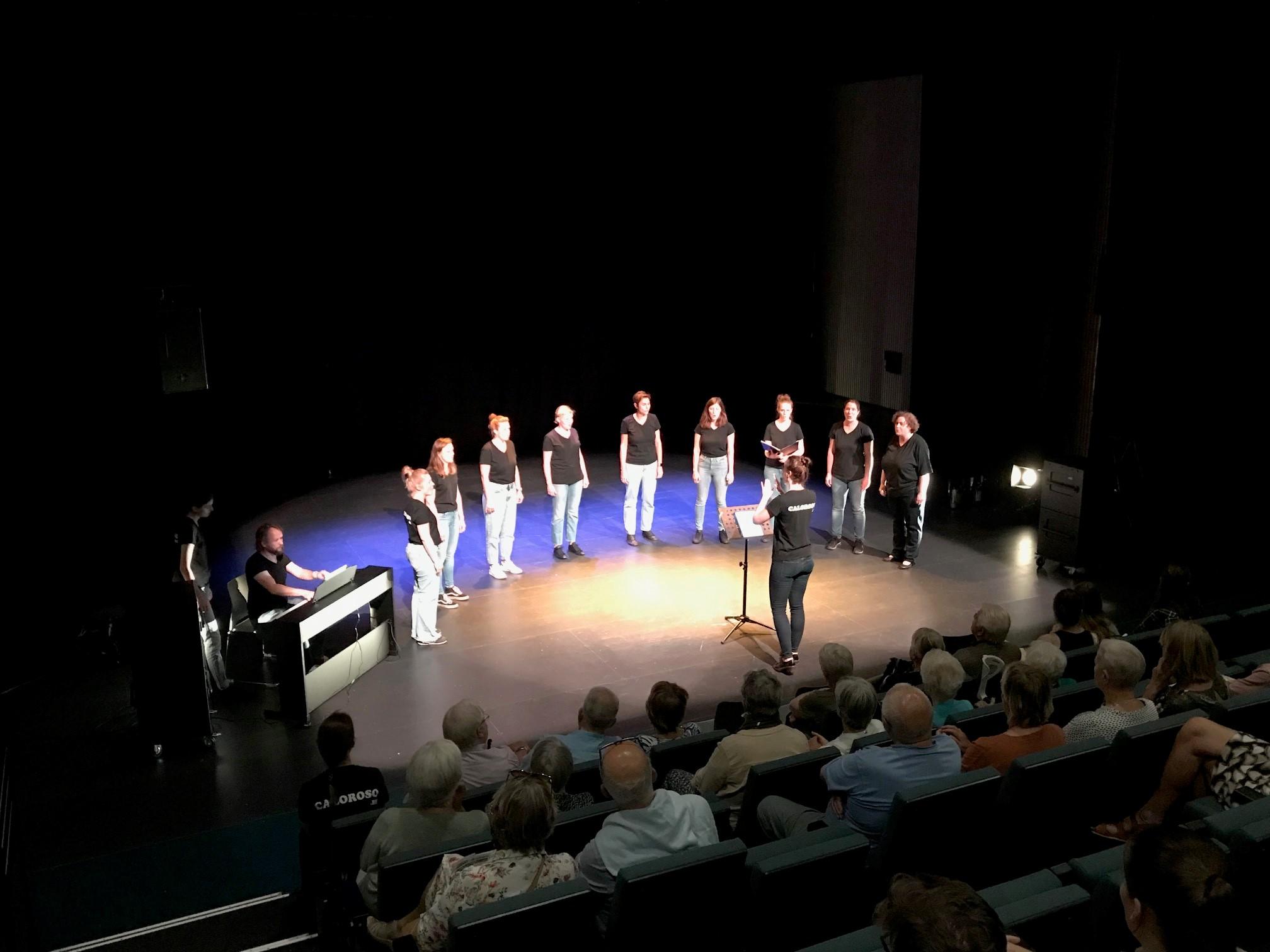 Vocaal Damesensemble Caloroso treedt op in de theaterzaal Vocaal Damesensemble Caloroso geeft het beste van zichzelf in de theaterzaal
